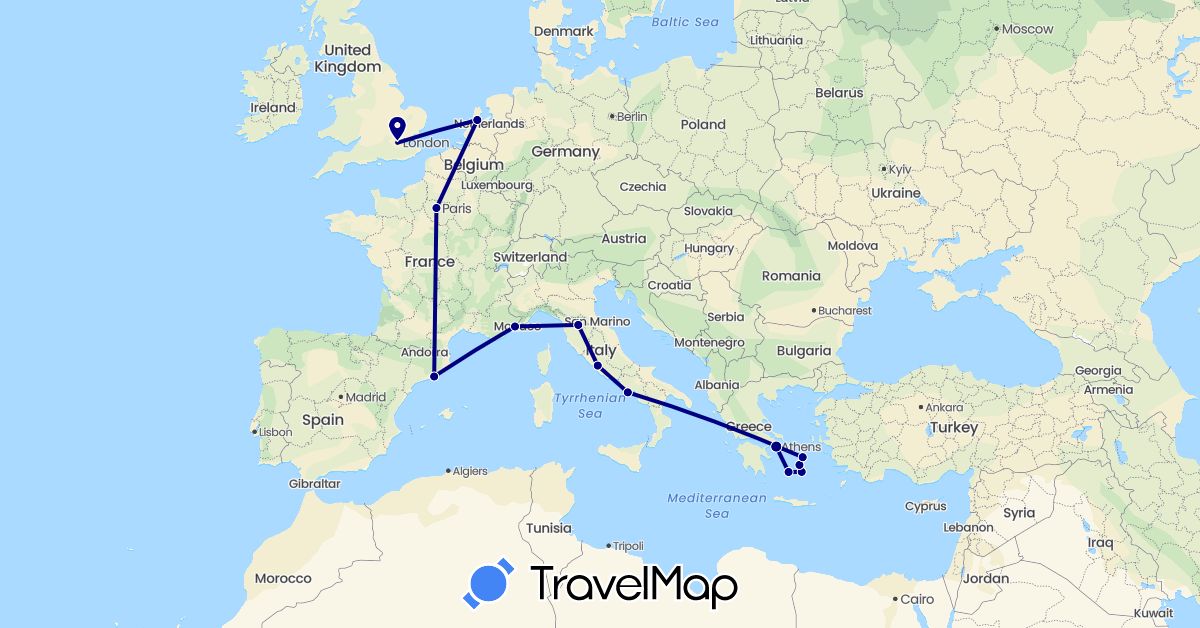 TravelMap itinerary: driving in Spain, France, United Kingdom, Greece, Italy, Netherlands (Europe)